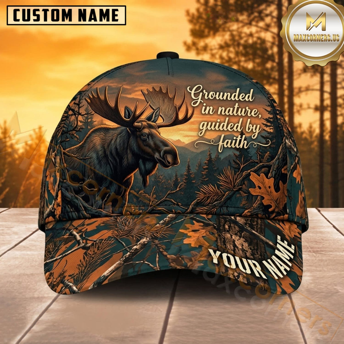 Maxcorners Moose Hunting Bull Moose Grounded in Nature Guided by Faith Autumn Camo Customized Name 3D Cap