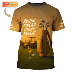Maxcorners Swing Swear Drink Repeat Golf Wine Polos, Yellow Golf Shirt, Funny Golf Shirts For Golfers