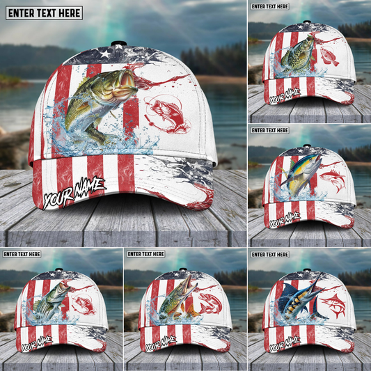 Maxcorners Fishing Red Blue Seawwave American Flag Pattern Sport Pattern Personalized Name 3D Cap (11 Breeds)