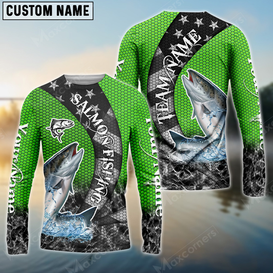 Maxcorners Salmon Fishing American Green Star Sun Protection Personalized Name, Team Name Long Sleeve Shirt