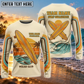 Maxcorners Surfboard Graphic & Tropical Palm Tree Wave Art Customized Name, Team Name 3D Long Sleeve Shirt
