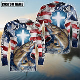 Maxcorners Walleye Fishing Cross Jesus With Flag of the United States Pattern Sport Custom Name & Team Name 3D Shirts