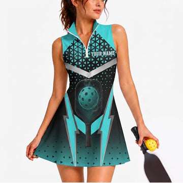 Maxcorners Pickleball Sleeveless Zipper Sports Dress Set Teal Futuristic Pickleball Armor Personalized Name 3D Sleeveless Zipper Sports Dress Set