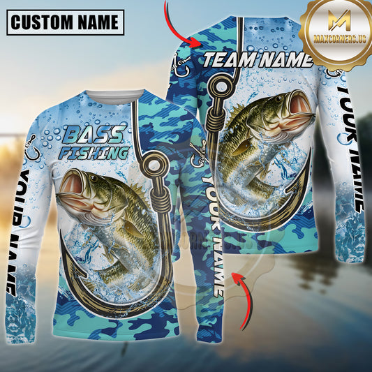 Maxcorners Fishing Blue Camo Water Splash Personalized Name, Team Name 3D Long Sleeve Shirt ( 12 Fish Species)