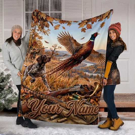Maxcorners Hunting Flying Pheasant Pointer Dog Hunter Shotgun Horn Custom Name 3D Blanket