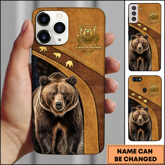 Maxcorners Bear Hunting Brown Leather Personalized Name 3D Phone Case