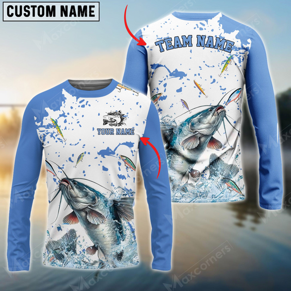 Maxcorners Catfish Fishing White Light Blue Personalized Name, Team Name 3D Long Sleeve Shirt