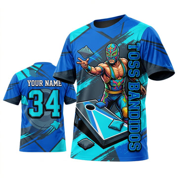Maxcorners Cornhole Toss Bandidos Blue Cowboy Personalized Name 3D Unisex Shirt