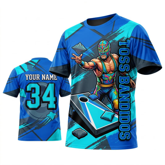 Maxcorners Cornhole Toss Bandidos Blue Cowboy Personalized Name 3D Unisex Shirt