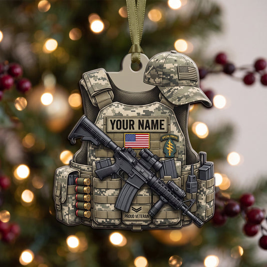 Maxcorners Veteran American Flag Woodland Camo Vest And Rifle Personalized Name 3D Keychain And Ornament