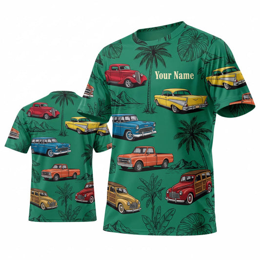 Maxcorners Personalized Car Classic Muscle Car 3D T-Shirt – Emerald Green Tropical Palm Leaves and Vintage Cars