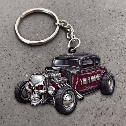 Maxcorners Hot Rod Black Vintage Roadster with Chrome Skull and Custom Name Personalized Name 3D Keychain And Ornament