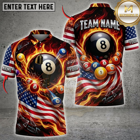 Maxcorners Billiards Flaming 8 Ball And Golden Fire Swirl Personalized Name 3D Unisex Shirt