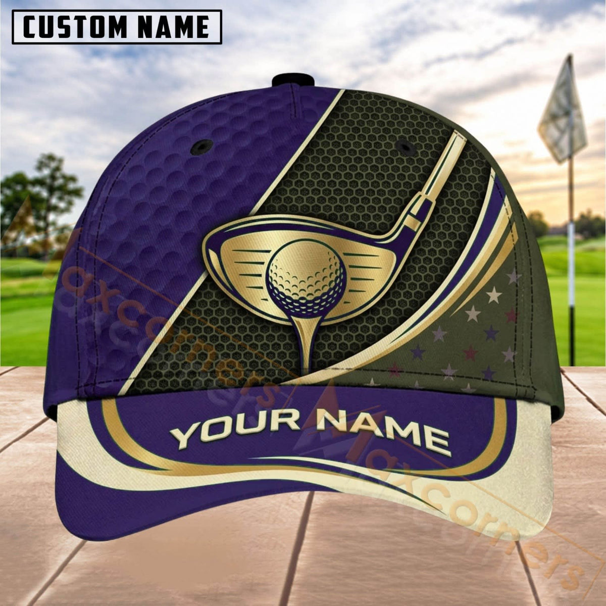 Maxcorners Golf Gold Ball Club Luxury Panel Personalized Name 3D Cap (8 Colors)
