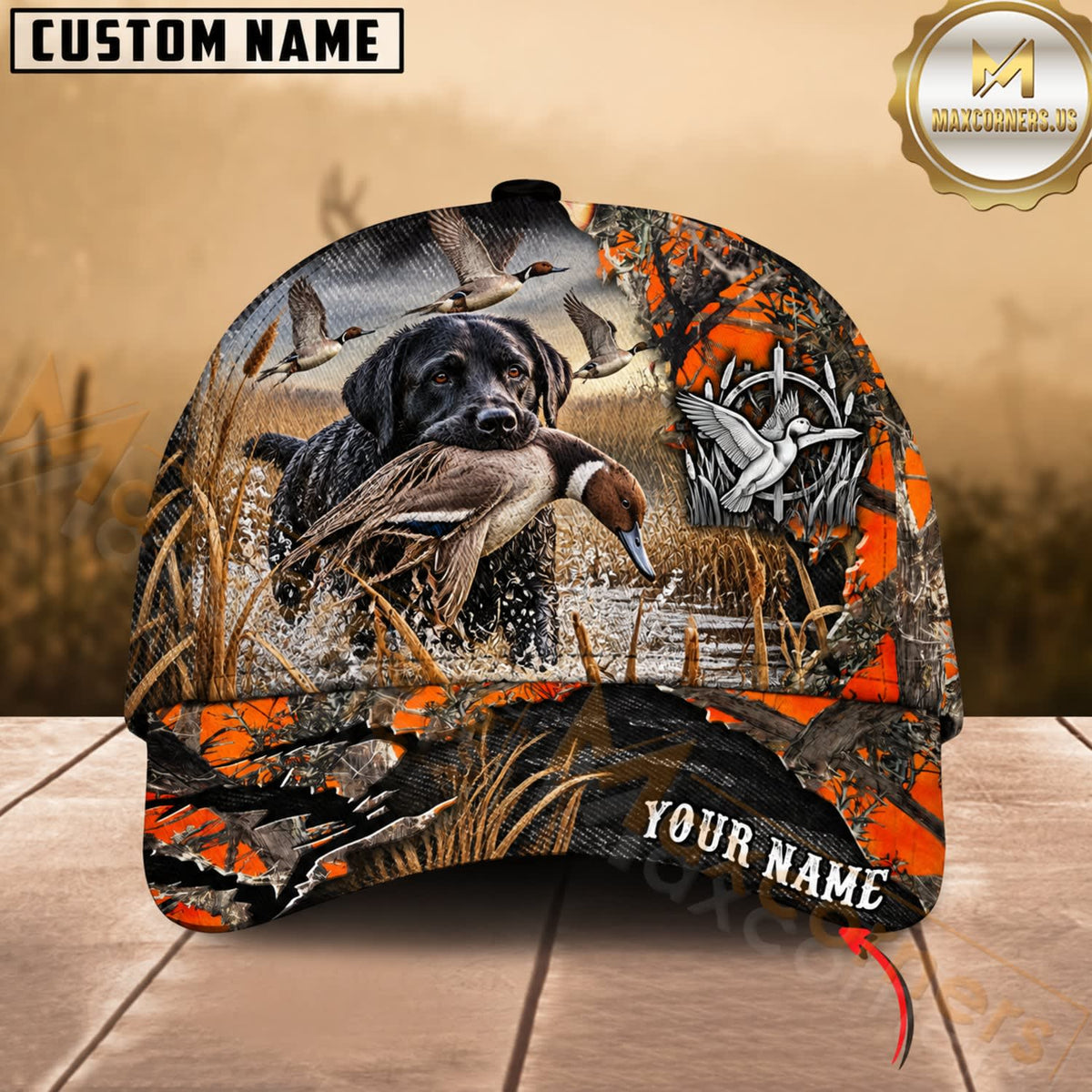 Maxcorners Dog Hunting And Duck Orange Gray Camo Skull Marsh Hunting Scene Multiple Options Personalized Name 3D Cap