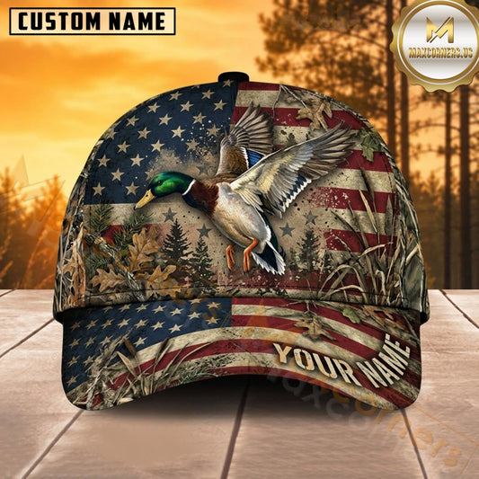 Maxcorners Duck Hunting Mallard Duck Vintage American Flag Flying Mallard Camo Customized Name 3D Cap