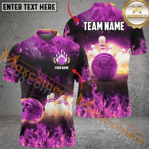 Maxcorners Ball And Pins Fire Flame Bowling Jersey Multicolor Option Customized Name, Team Name 3D Polo Shirt