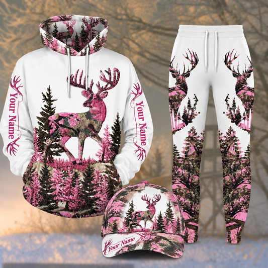 Maxcorners Hunting White Pink Camo Deer Forest Pattern Personalized 3D Shirts