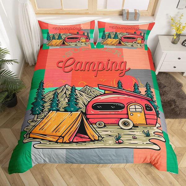 Maxcorners Summer Camping Duvet Cover Cartoon RV Watercolor Outdoor Trees Bedding Set