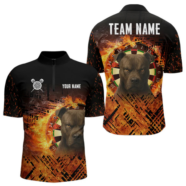 Maxcorners Personalized Fire Pitbull Dart Shirts For Men – Custom Flaming Darts Team Polo & 1/4 Zip Jerseys LM2404
