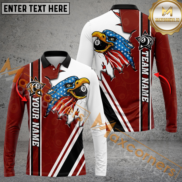 Maxcorners Ball 8 Eagle American Flag Billiard Jersey Personalized Name, Team Name 3D Polo Shirt