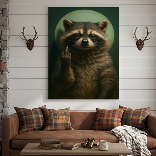 Maxcorners Funny Raccoon Fukin Finger Canvas Wall Art – Hilarious Gift for Hunters, Men & Cabin Decor