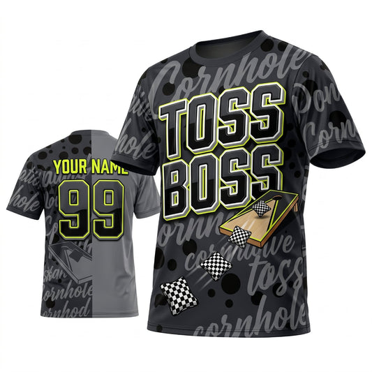 Maxcorners Cornhole Toss Boss Black Typography Personalized Name 3D Unisex Shirt
