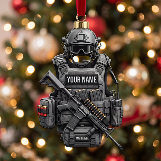 Maxcorners Military Black Tactical Helmet Vest And Rifle Personalized Name 3D Keychain And Ornament