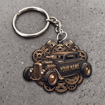 Maxcorners Hot Rod Rusty Brown Classic Roadster with Industrial Gear Design Personalized Name 3D Keychain And Ornament