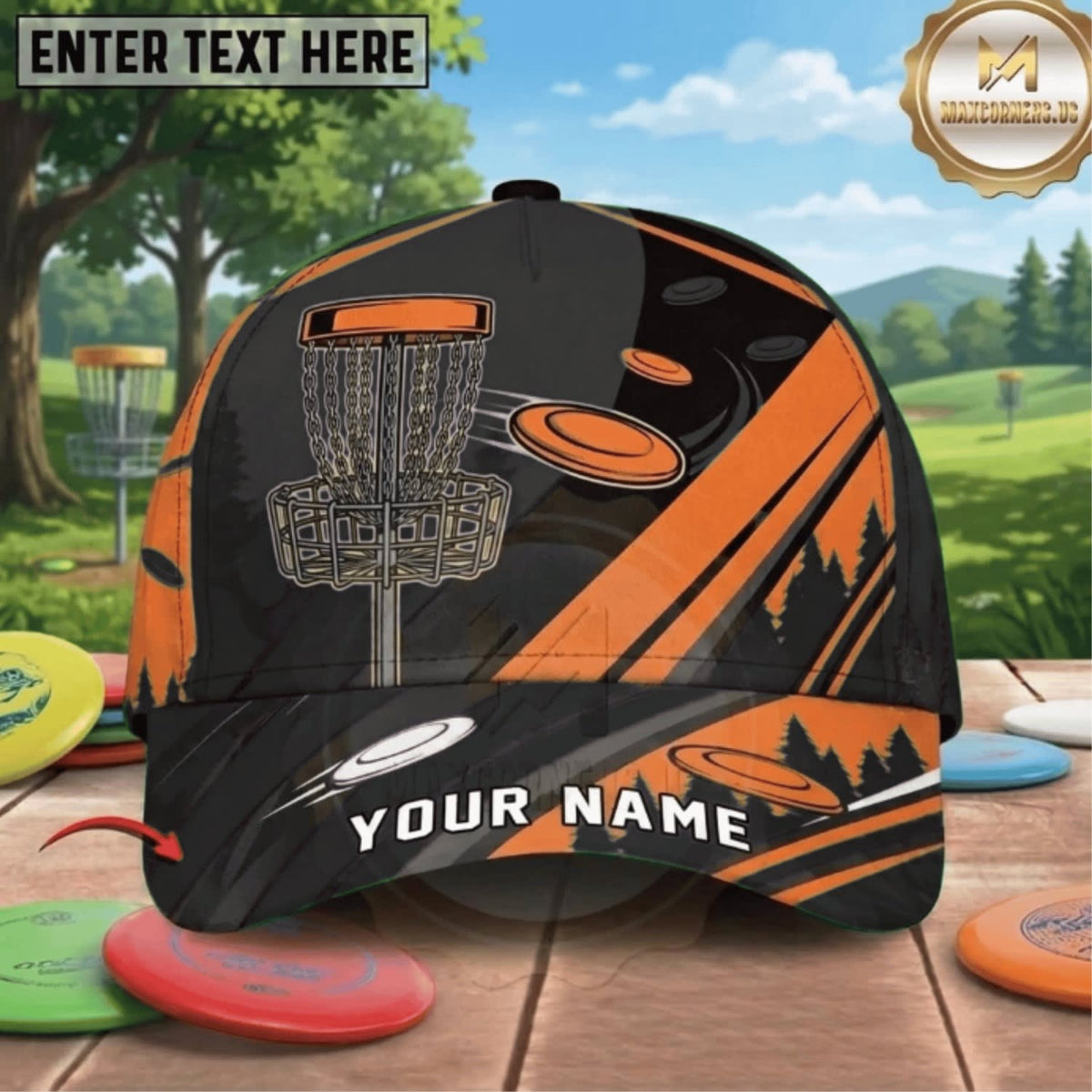 (8 Colors) Maxcorners Disc Golf Mountain Flying Discs & Chain Basket Personalized Name 3D Cap LM3009