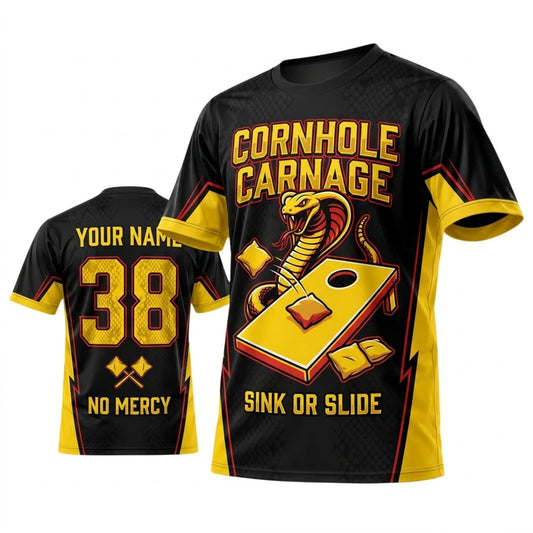 Maxcorners Cornhole Carnage Black Yellow Sink Or Slide Personalized Name 3D Unisex Shirt