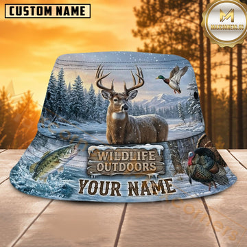 Maxcorners Deer Hunting Snowy Pine Forest Personalized Name 3D Bucket Hat