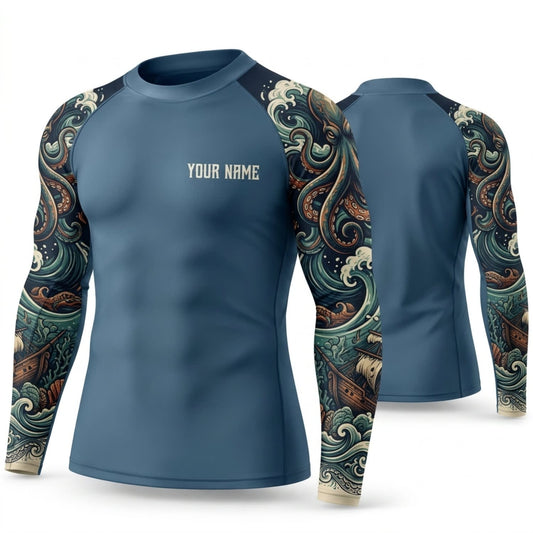 Maxcorners Personalized Ocean Tattoo Steel Blue Shirt with Dark Ocean Tattoo Sleeves 3D All Over Printed Shirts, Best Gifts for Ocean Lovers