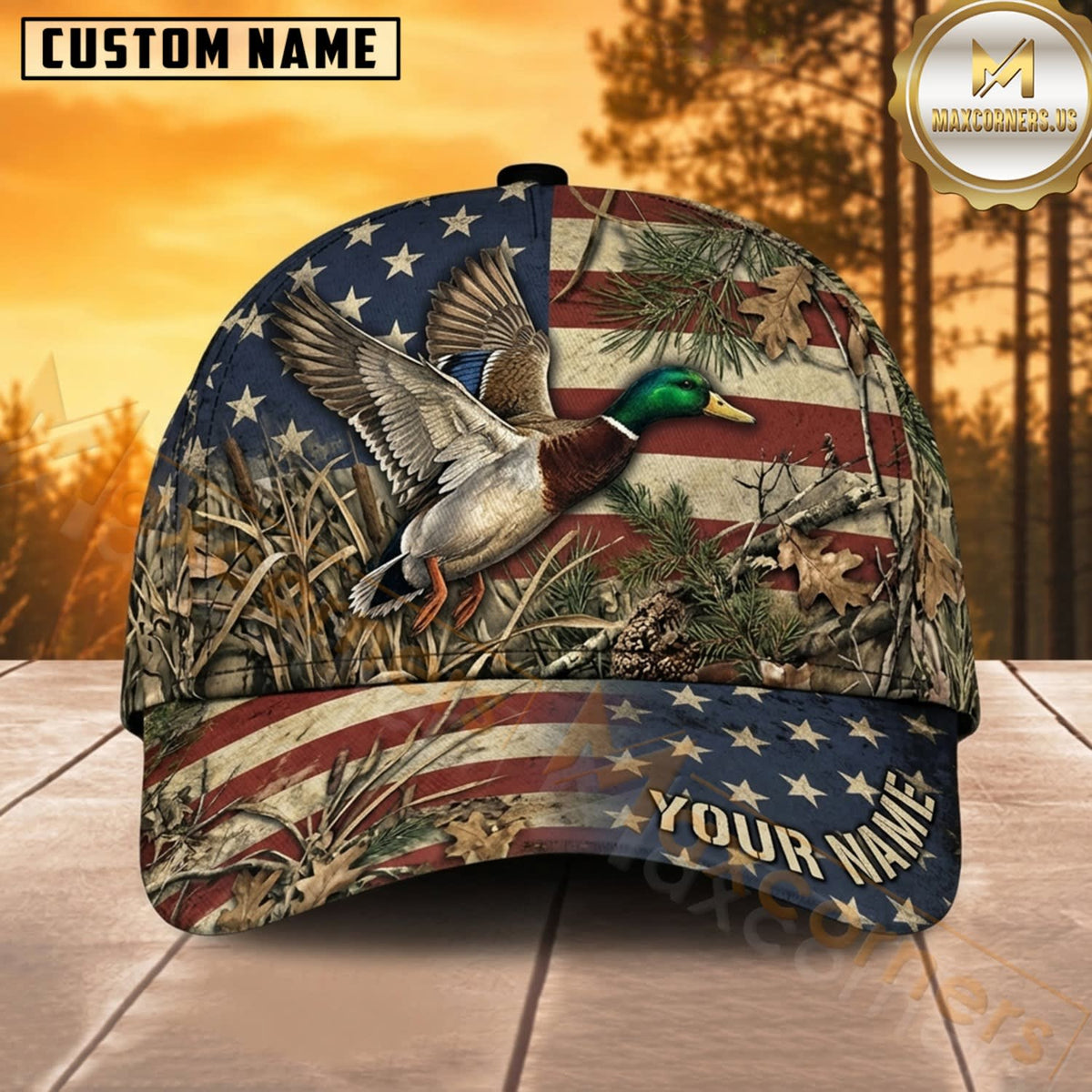 Maxcorners Duck Hunting Mallard Duck Patriotic American Flag Flight Woodland Camo Customized Name 3D Cap