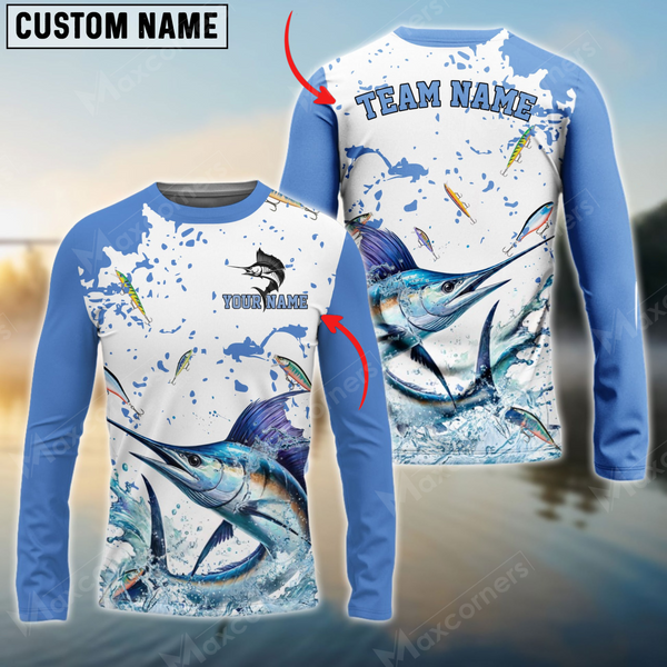 Maxcorners Marlin Fishing White Light Blue Personalized Name, Team Name 3D Long Sleeve Shirt