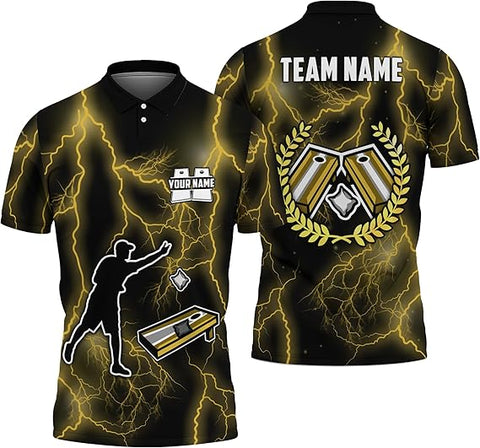 Maxcorners Custom Name Flame Cornhole Thunder Pattern 3D Shirt For Team