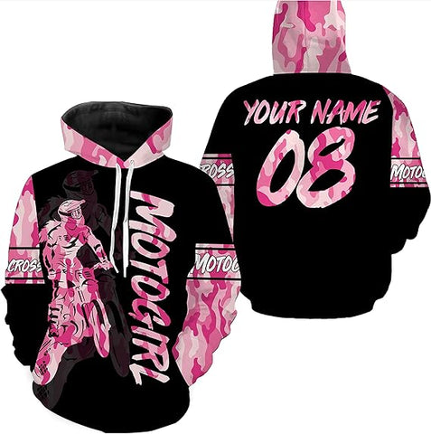 Maxcorners Motocross Girl Pink Camo Customize Name And Number 3D Shirts