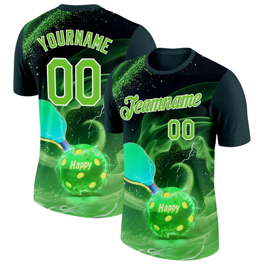 Maxcorners Happy Pickleball Glowing Ball Green Swirl Lightning Personalized Name 3D Unisex Shirt