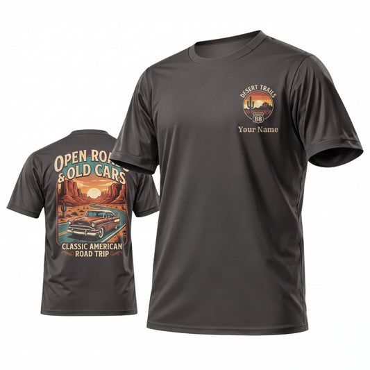 Maxcorners Personalized Car Classic Muscle Car 3D T-Shirt – Charcoal Gray Open Road Vintage Car Back Graphic