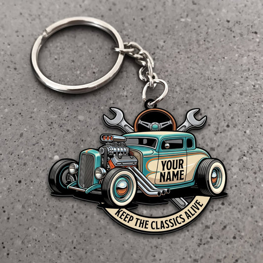 Maxcorners Hot Rod Turquoise Vintage Roadster with Crossed Wrenches and Garage Badge Personalized Name 3D Keychain And Ornament