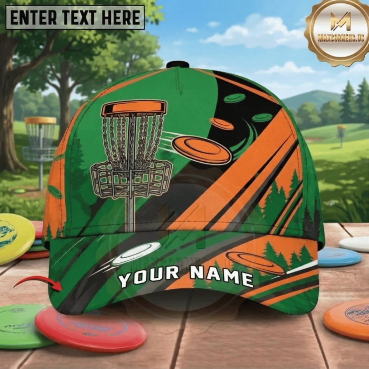 (8 Colors) Maxcorners Disc Golf Mountain Flying Discs & Chain Basket Personalized Name 3D Cap LM3009