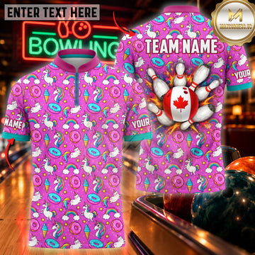 Maxcorners Bowling Flamingo Pattern Canada Flag Pins Top Customized Name, Team Name 3D Shirts