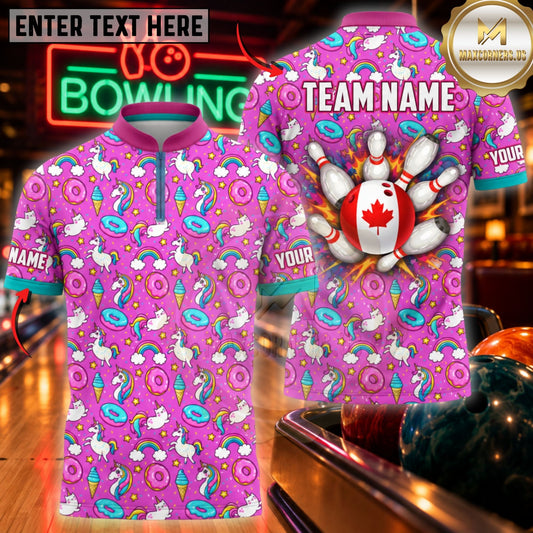 Maxcorners Bowling Flamingo Pattern Canada Flag Pins Top Customized Name, Team Name 3D Shirts