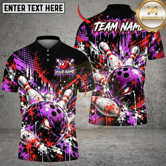 Maxcorners Bowling Abstract Paint Splatter Halftone Dots Pins Strike Artwork Multicolor Customized Name, Team Name 3D Shirts