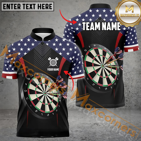 Maxcorners Darts USA Flag Pattern Customized Name, Team Name 3D Polo Shirt