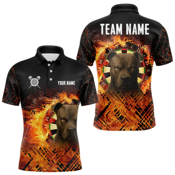 Maxcorners Personalized Fire Pitbull Dart Shirts For Men – Custom Flaming Darts Team Polo & 1/4 Zip Jerseys LM2404
