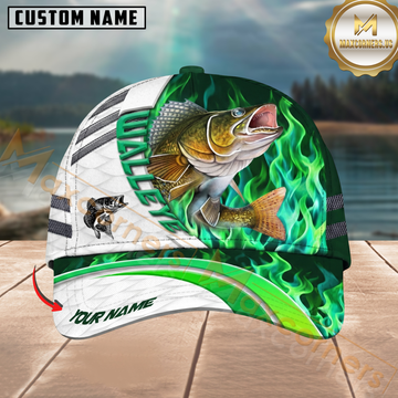Maxcorners Fishing Green Flame Personalized Name 3D Cap