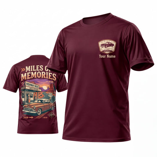 Maxcorners Personalized Car Classic Muscle Car 3D T-Shirt – Burgundy Miles and Memories Retro Road Trip Graphic