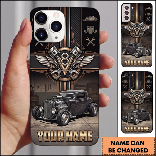 Maxcorners Hot Rod Black Classic Car with Vintage Metal Wings and Engine Emblem Personalized Name 3D Phone Case