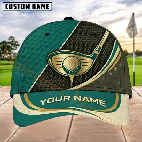 Maxcorners Golf Gold Ball Club Luxury Panel Personalized Name 3D Cap (8 Colors)